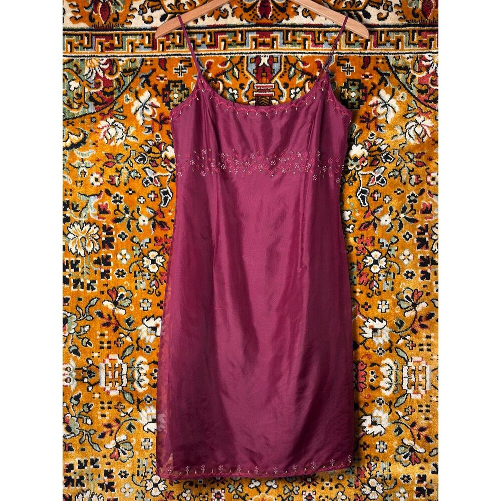 NWT Ann Taylor y2k 100% Silk Burgundy Beaded Slip Dress Spaghetti Straps sz 4